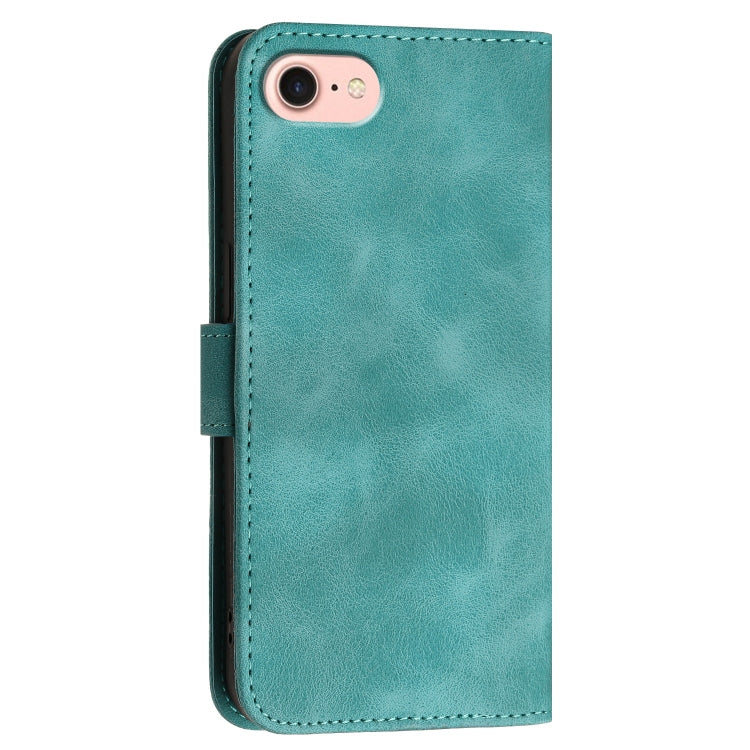 For iPhone 16e YX0080 Grid Butterfly Embossed Pattern Flip Leather Phone Case with Lanyard(Light Blue)