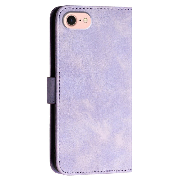 For iPhone 16e YX0080 Grid Butterfly Embossed Pattern Flip Leather Phone Case with Lanyard(Light Purple)