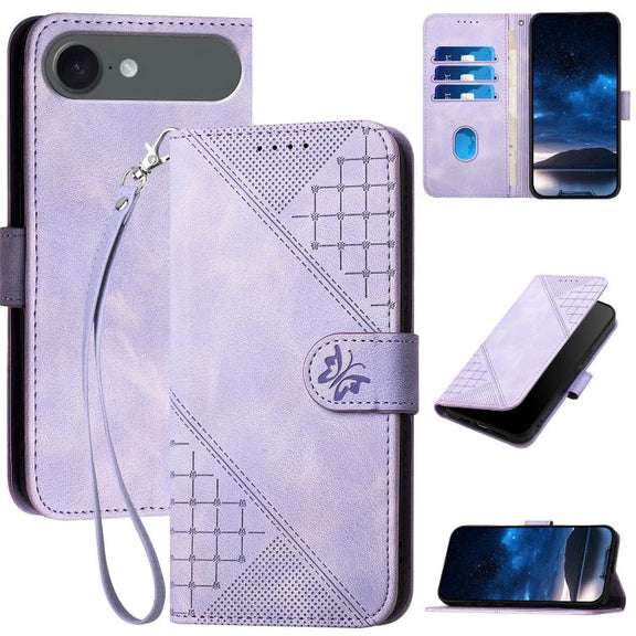 For iPhone 17 Air YX0080 Grid Butterfly Embossed Pattern Flip Leather Phone Case with Lanyard(Light Purple)