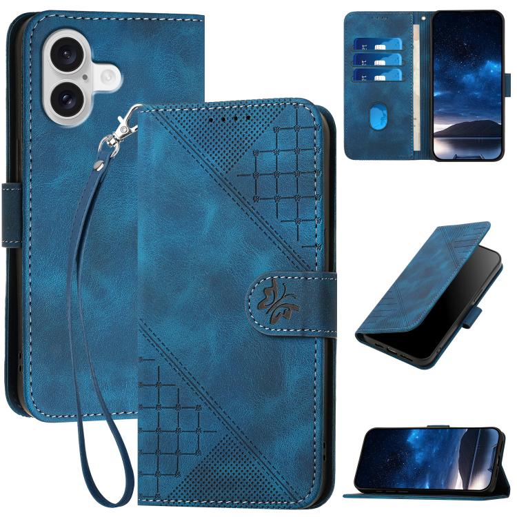 For iPhone 17 YX0080 Grid Butterfly Embossed Pattern Flip Leather Phone Case with Lanyard(Dark Blue)