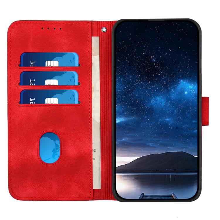 For iPhone 17 YX0080 Grid Butterfly Embossed Pattern Flip Leather Phone Case with Lanyard(Red)