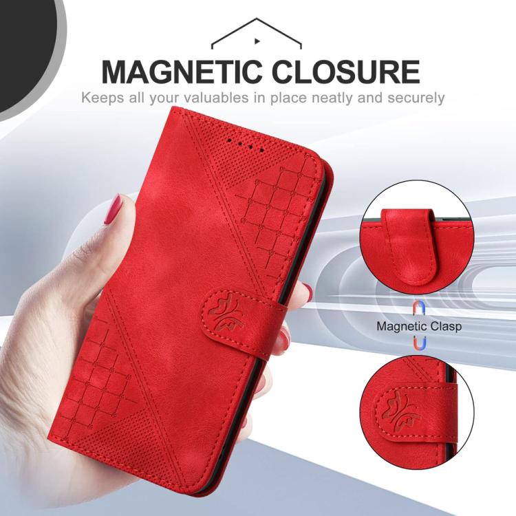 For iPhone 17 YX0080 Grid Butterfly Embossed Pattern Flip Leather Phone Case with Lanyard(Red)