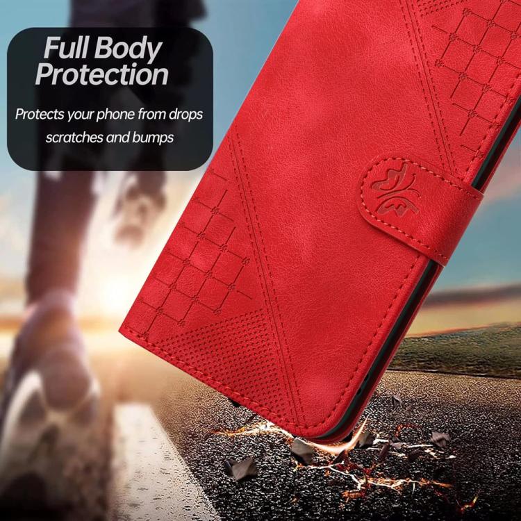 For iPhone 17 YX0080 Grid Butterfly Embossed Pattern Flip Leather Phone Case with Lanyard(Red)