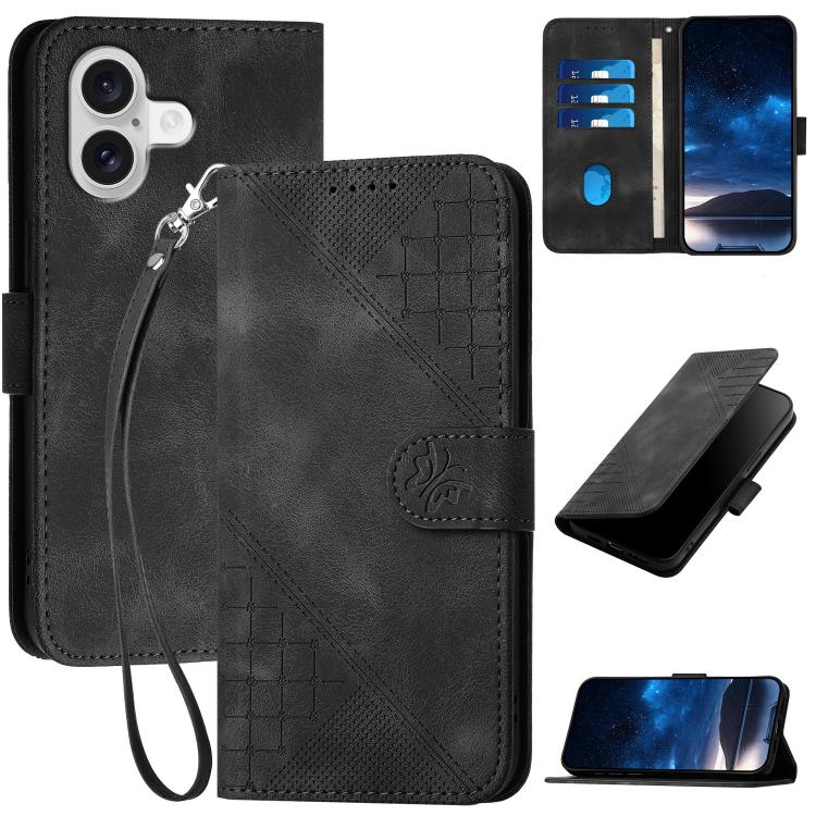 For iPhone 17 YX0080 Grid Butterfly Embossed Pattern Flip Leather Phone Case with Lanyard(Black)
