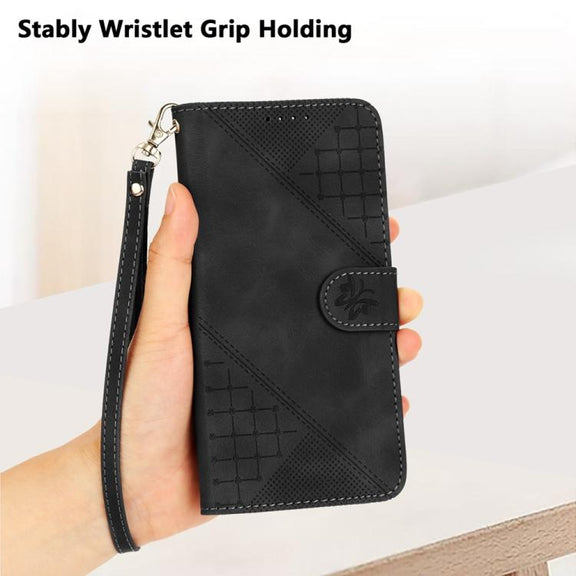 For iPhone 17 YX0080 Grid Butterfly Embossed Pattern Flip Leather Phone Case with Lanyard(Black)