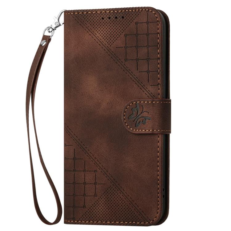 For iPhone 17 YX0080 Grid Butterfly Embossed Pattern Flip Leather Phone Case with Lanyard(Coffee)