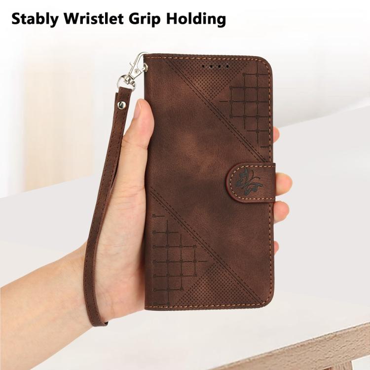 For iPhone 17 YX0080 Grid Butterfly Embossed Pattern Flip Leather Phone Case with Lanyard(Coffee)