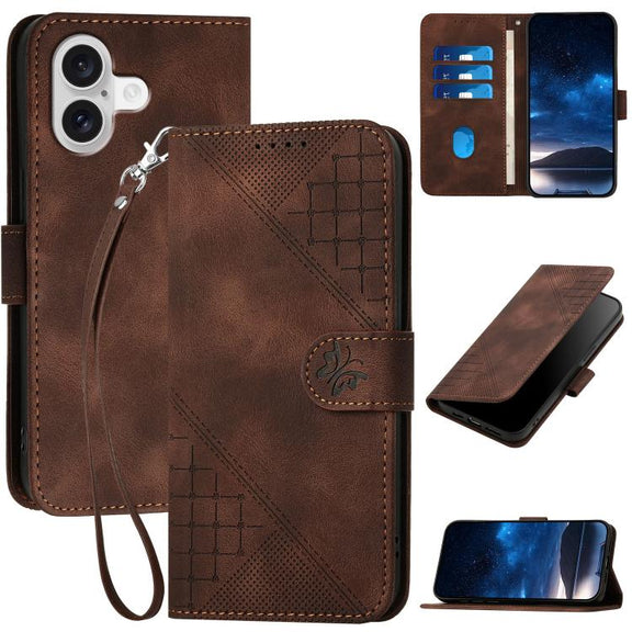 For iPhone 17 YX0080 Grid Butterfly Embossed Pattern Flip Leather Phone Case with Lanyard(Coffee)