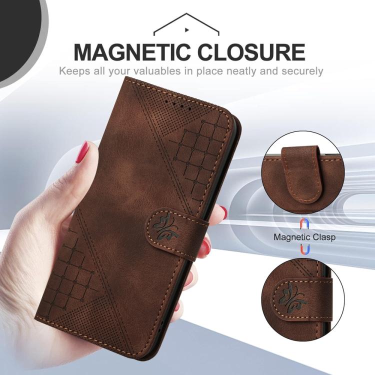For iPhone 17 YX0080 Grid Butterfly Embossed Pattern Flip Leather Phone Case with Lanyard(Coffee)