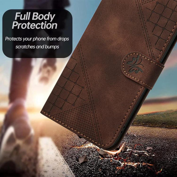 For iPhone 17 YX0080 Grid Butterfly Embossed Pattern Flip Leather Phone Case with Lanyard(Coffee)