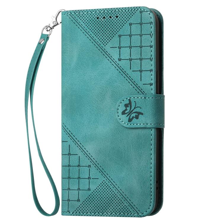 For iPhone 17 YX0080 Grid Butterfly Embossed Pattern Flip Leather Phone Case with Lanyard(Light Blue)