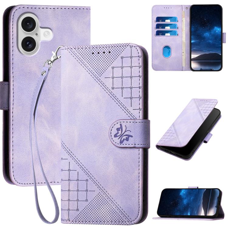 For iPhone 17 YX0080 Grid Butterfly Embossed Pattern Flip Leather Phone Case with Lanyard(Light Purple)