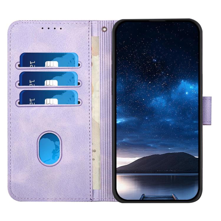 For iPhone 17 YX0080 Grid Butterfly Embossed Pattern Flip Leather Phone Case with Lanyard(Light Purple)