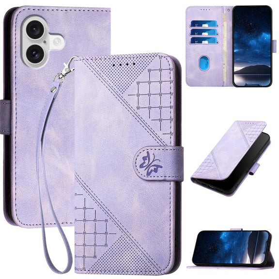 For iPhone 17 YX0080 Grid Butterfly Embossed Pattern Flip Leather Phone Case with Lanyard(Light Purple)