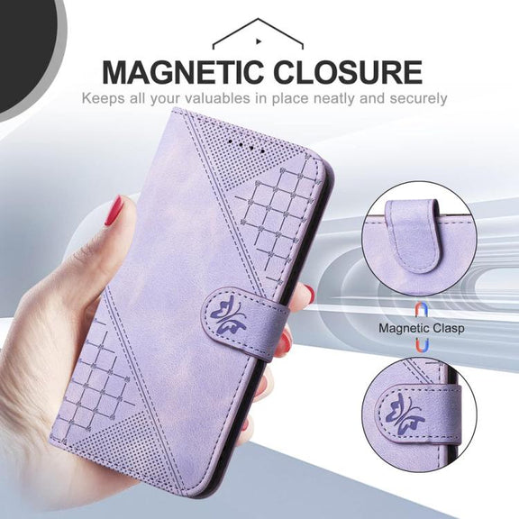 For iPhone 17 YX0080 Grid Butterfly Embossed Pattern Flip Leather Phone Case with Lanyard(Light Purple)