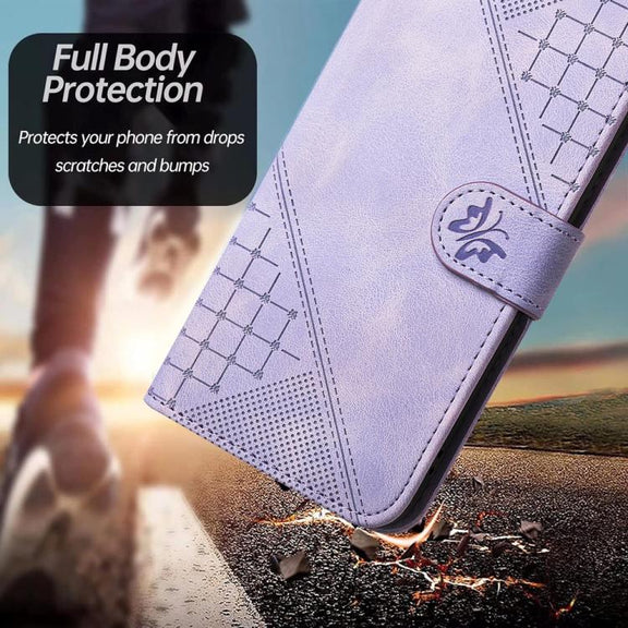 For iPhone 17 YX0080 Grid Butterfly Embossed Pattern Flip Leather Phone Case with Lanyard(Light Purple)