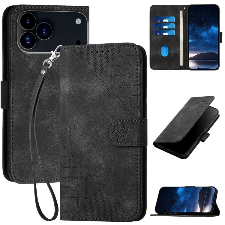 For iPhone 17 Pro Max YX0080 Grid Butterfly Embossed Pattern Flip Leather Phone Case with Lanyard(Black)