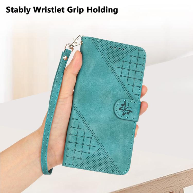 For iPhone 17 Pro Max YX0080 Grid Butterfly Embossed Pattern Flip Leather Phone Case with Lanyard(Light Blue)