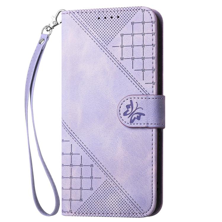 For iPhone 17 Pro Max YX0080 Grid Butterfly Embossed Pattern Flip Leather Phone Case with Lanyard(Light Purple)