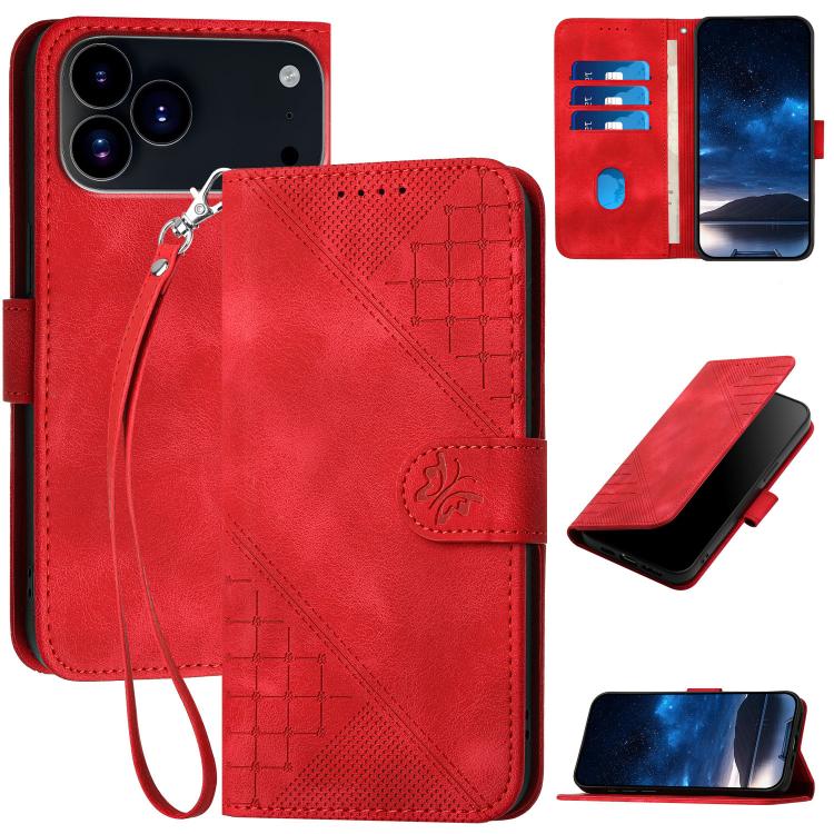 For iPhone 17 Pro YX0080 Grid Butterfly Embossed Pattern Flip Leather Phone Case with Lanyard(Red)
