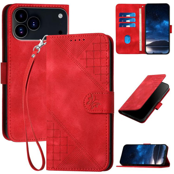 For iPhone 17 Pro YX0080 Grid Butterfly Embossed Pattern Flip Leather Phone Case with Lanyard(Red)