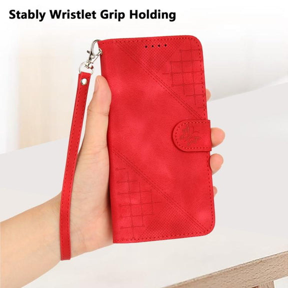 For iPhone 17 Pro YX0080 Grid Butterfly Embossed Pattern Flip Leather Phone Case with Lanyard(Red)