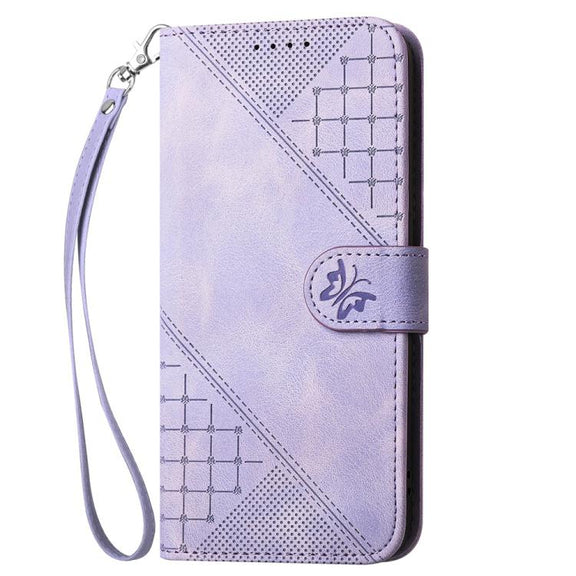 For iPhone 17 Pro YX0080 Grid Butterfly Embossed Pattern Flip Leather Phone Case with Lanyard(Light Purple)