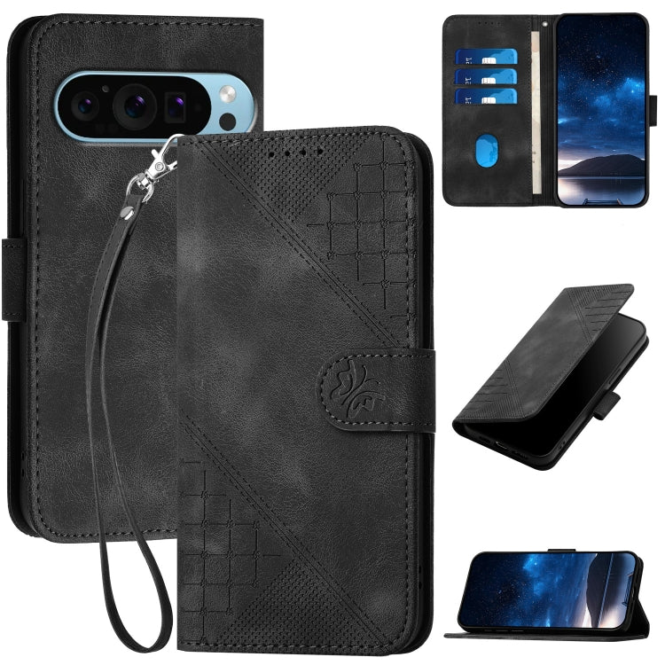 For Google Pixel 9 Pro XL YX0080 Grid Butterfly Embossed Pattern Flip Leather Phone Case with Lanyard(Black)