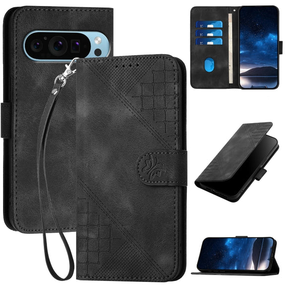 For Google Pixel 9 / 9 Pro Grid Butterfly Embossed Pattern Leather Phone Case with Lanyard(Black)