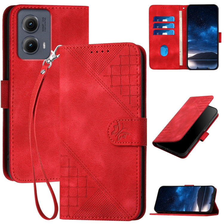 For Motorola Edge 2024 5G Global Grid Butterfly Embossed Pattern Leather Phone Case with Lanyard(Red)