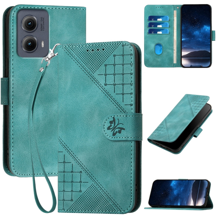 For Motorola Edge 2024 5G Global Grid Butterfly Embossed Pattern Leather Phone Case with Lanyard(Light Blue)
