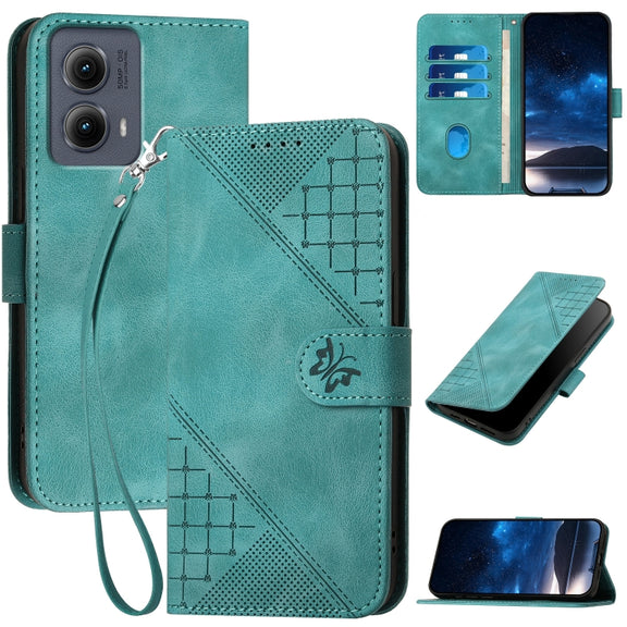 For Motorola Edge 2024 5G Global Grid Butterfly Embossed Pattern Leather Phone Case with Lanyard(Light Blue)