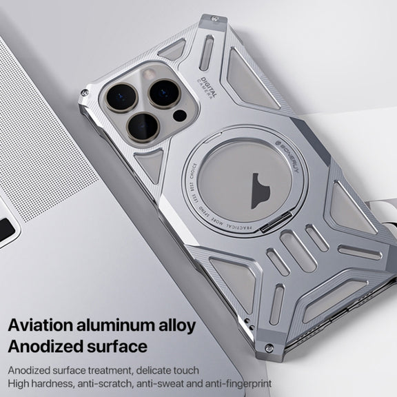 For iPhone 16 Aluminum Alloy Borderless MagSafe Rotating Holder Phone Case(Silver)