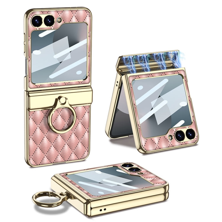 For Samsung Galaxy Z Flip6 / Flip7 FE GKK Rhombus Pattern Integrated Electroplated Leather Phone Case with Ring(Pink)