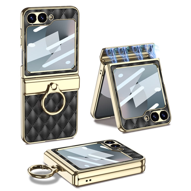 For Samsung Galaxy Z Flip6 GKK Rhombus Pattern Integrated Electroplated Leather Phone Case with Ring(Black)