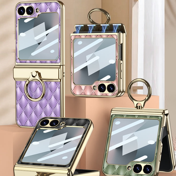 For Samsung Galaxy Z Flip6 GKK Rhombus Pattern Integrated Electroplated Leather Phone Case with Ring(Black)