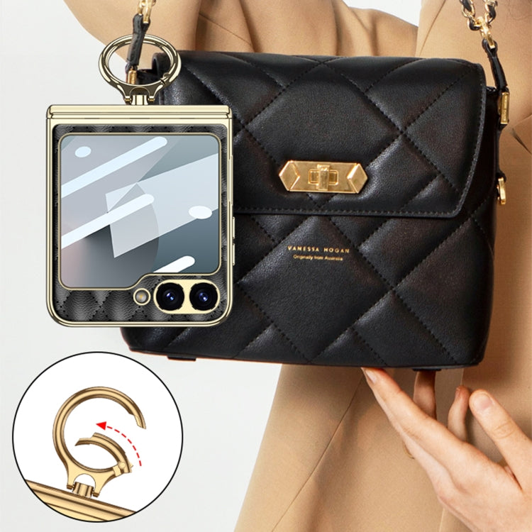 For Samsung Galaxy Z Flip6 GKK Rhombus Pattern Integrated Electroplated Leather Phone Case with Ring(Black)