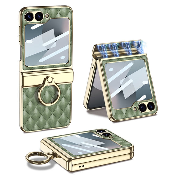 For Samsung Galaxy Z Flip6 / Flip7 FE GKK Rhombus Pattern Integrated Electroplated Leather Phone Case with Ring(Green)