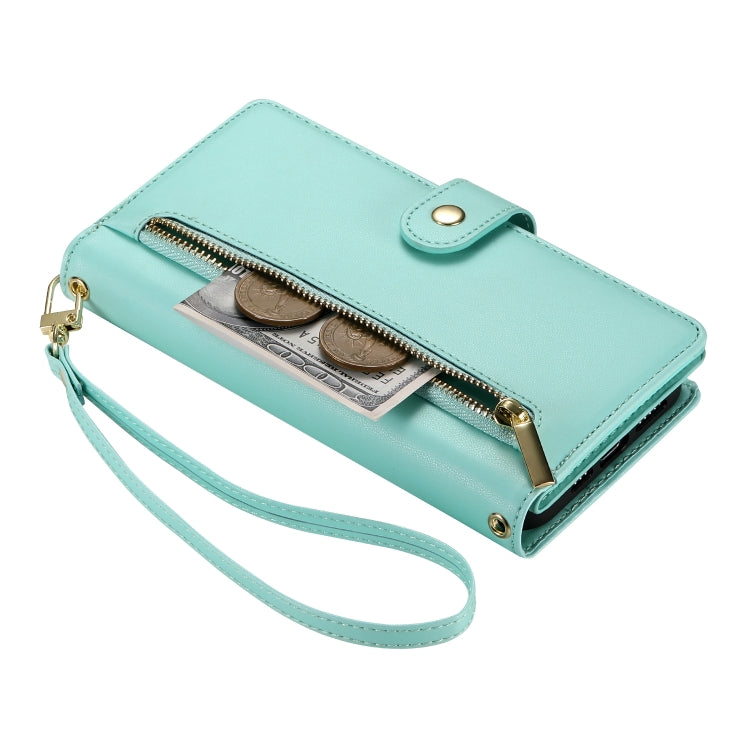 For iPhone 16 Nine Card-slot Zipper Wallet Bag Leather Phone Case(Mint Green)