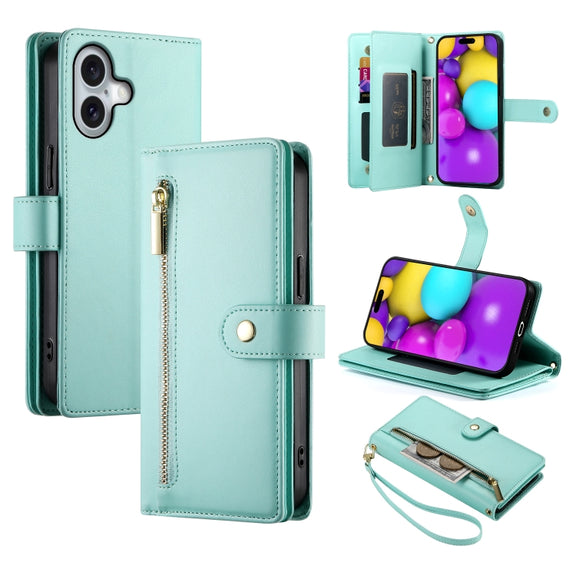 For iPhone 16 Nine Card-slot Zipper Wallet Bag Leather Phone Case(Mint Green)