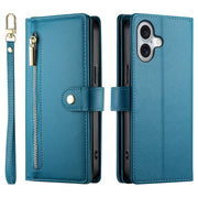 For iPhone 16 Plus Nine Card-slot Zipper Wallet Bag Leather Phone Case(Blue)