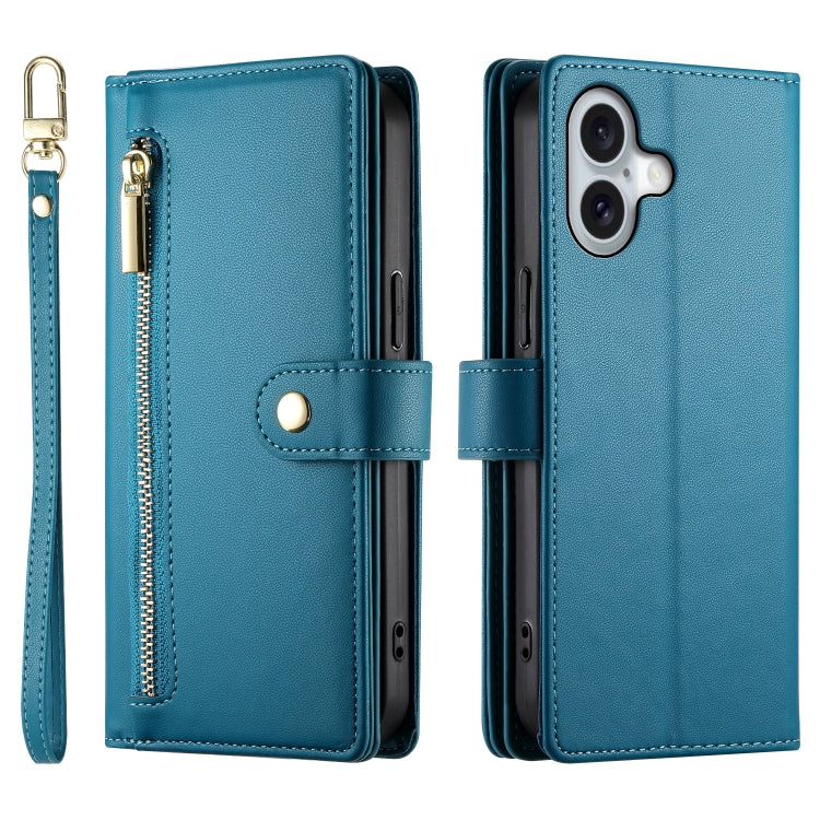 For iPhone 16 Plus Nine Card-slot Zipper Wallet Bag Leather Phone Case(Blue)