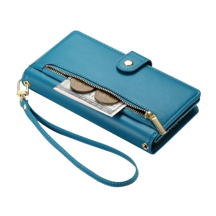 For iPhone 16 Plus Nine Card-slot Zipper Wallet Bag Leather Phone Case(Blue)
