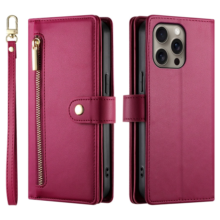 For iPhone 16 Pro Max Nine Card-slot Zipper Wallet Bag Leather Phone Case(Red)