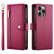 For iPhone 16 Pro Max Nine Card-slot Zipper Wallet Bag Leather Phone Case(Red)