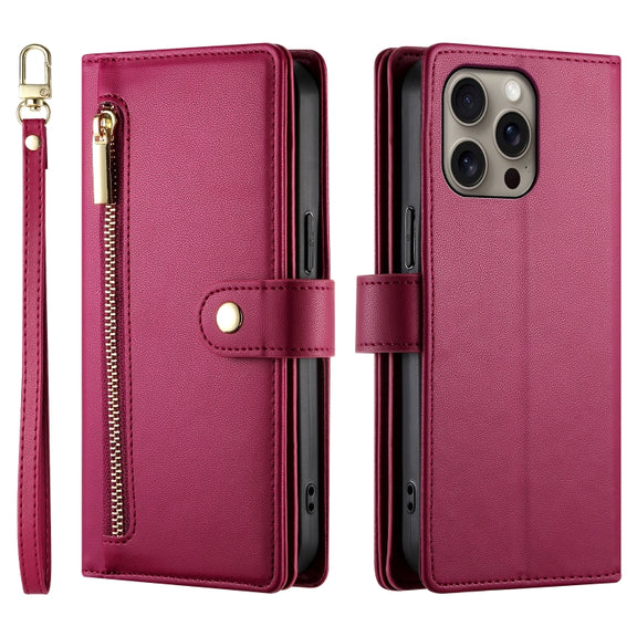 For iPhone 16 Pro Max Nine Card-slot Zipper Wallet Bag Leather Phone Case(Red)