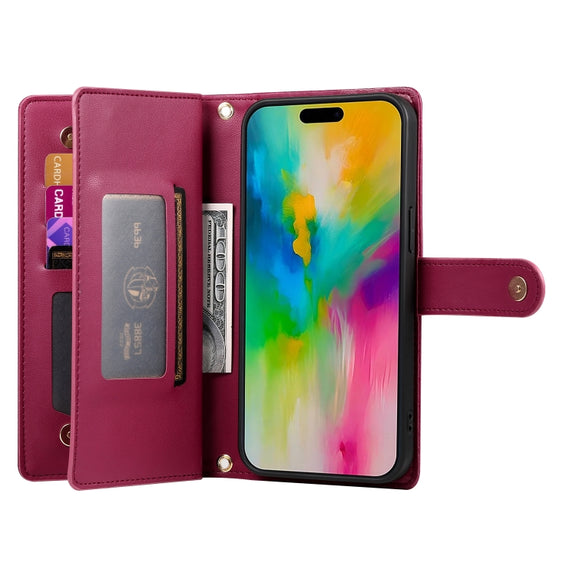 For iPhone 16 Pro Max Nine Card-slot Zipper Wallet Bag Leather Phone Case(Red)
