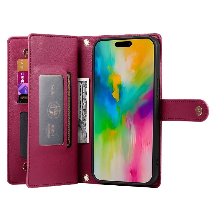 For iPhone 16 Pro Max Nine Card-slot Zipper Wallet Bag Leather Phone Case(Red)