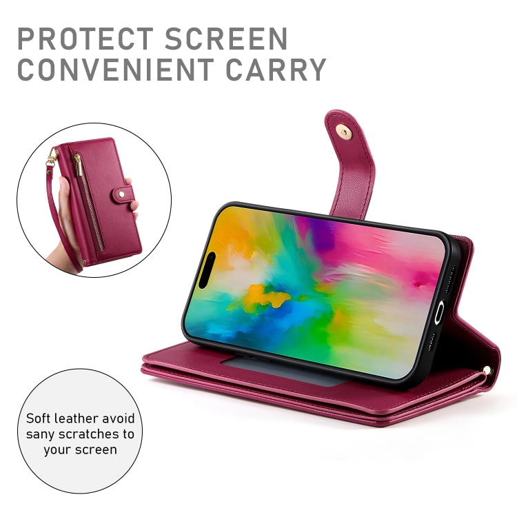 For iPhone 16 Pro Max Nine Card-slot Zipper Wallet Bag Leather Phone Case(Red)