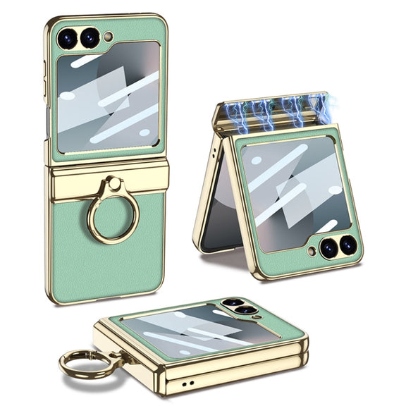 For Samsung Galaxy Z Flip6 GKK Integrated Electroplated Litchi Texture Leather Phone Case with Ring(Green)